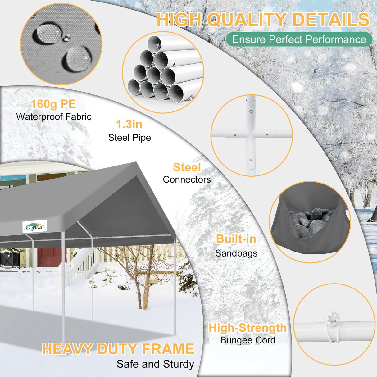 COBIZI Carport 12'x20' Heavy Duty Portable Garage, Upgraded Car Canopy with Built-in Sandbags, UV Resistant Waterproof All-Season Tarp, Car Tent for Truck, Boat, SUV, Gray COBIZI