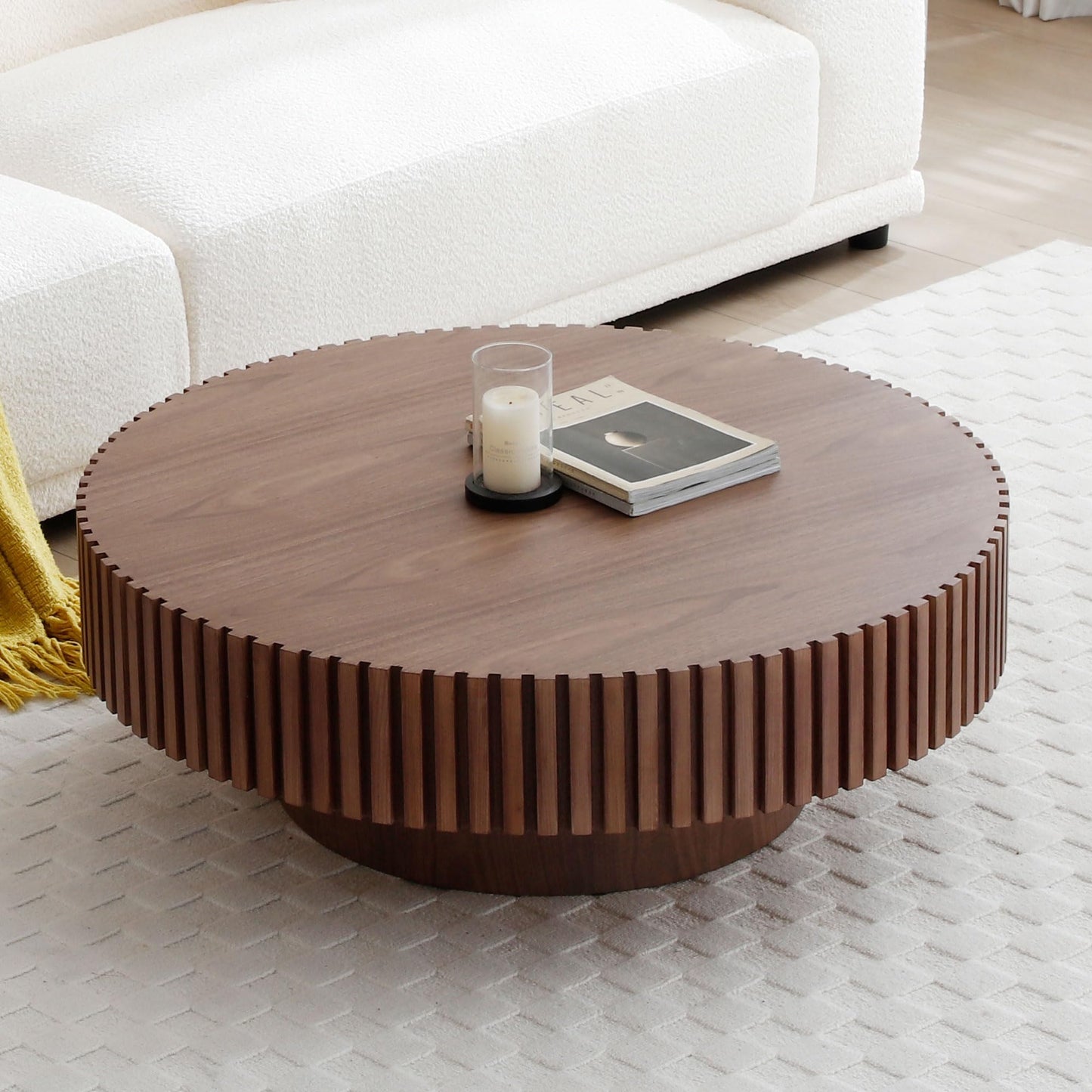 kevinplus 31.49'' Walnut Round Coffee Table Modern Wood Coffee Table for Living Room, Contemporary Circle Fluted Drum Coffee Table, Easy Assembly, Walnut (ø31.49'' x 13.77'') - WoodArtSupply