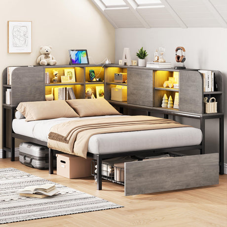 Twin Corner Bed Frame with 2-Tier Bookcase Storage and LED Lights, Adjustable Shelves Corner Bed with Storage Drawers and Charging Station, Twin Daybed for Living Room, Bedroom & Guest Room, Gray Jocoevol