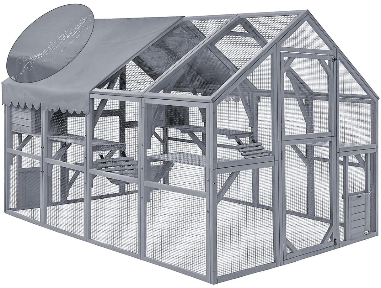 HYDRAGARDEN Large Catio Outdoor Cat House Enclosure Wooden Cat Cage Kitten Condo for Multiple Pets Walk in, with Bouncy Bridge, Platforms, Small Houses and Weatherproof Roof - 111”x74”x74” HYDRAGARDEN