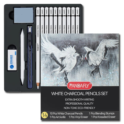 PANDAFLY White Charcoal Pencils Set, Professional 14 Piece Sketch Highlight Charcoal Pencils for Drawing, Sketching, Shading, Blending, White Chalk Pencils for Kid, Beginners & Pro Artists