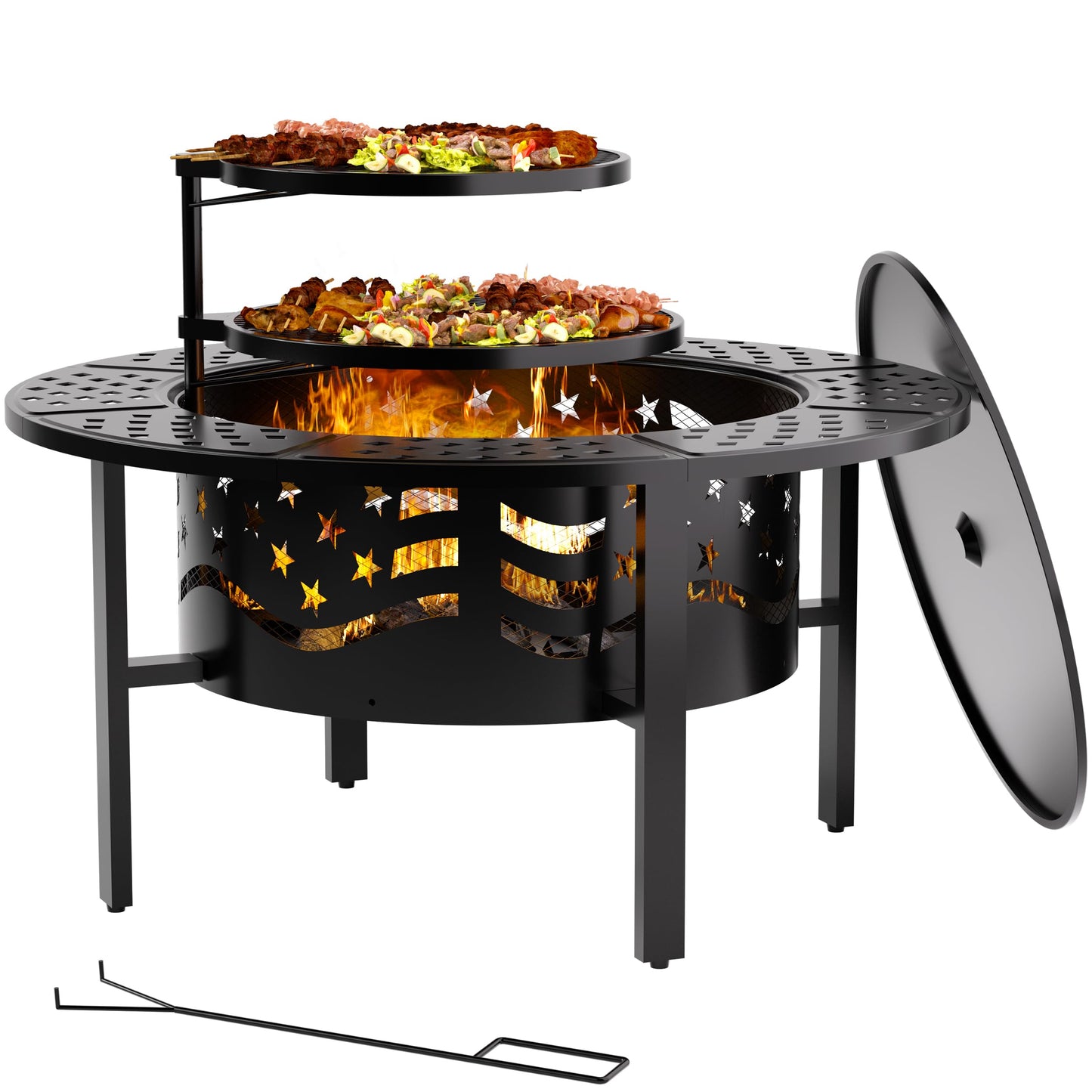 PrimeZone 36" Outdoor Fire Pit with 2 Grills - Wood Burning Firepit for Outside with Cover & Poker, Heavy Duty Metal Fire Pit Large Round Fireplace for Patio, Backyard, Picnic, Camping, Bonfire