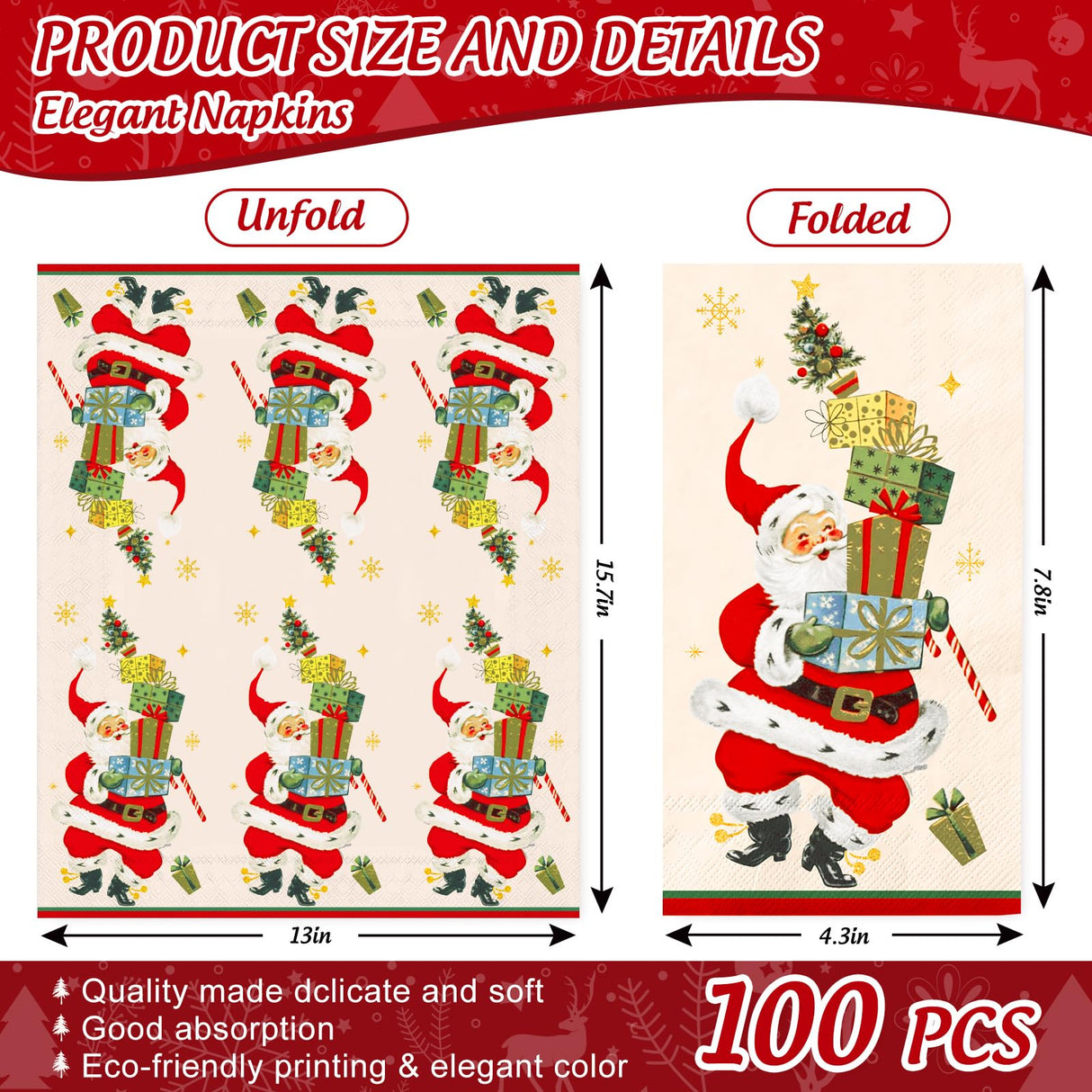 JarThenaAMCS 100Pcs Christmas Guest Napkin Vintage Santa Gift Box Disposable Paper Napkin Retro Dinner Hand Napkins for Thanksgiving Harvest Bathroom Supplies JarThenaAMCS