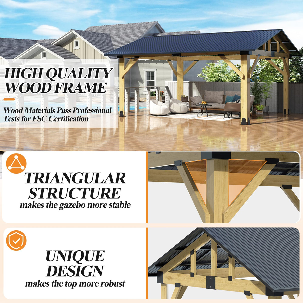 COVERONICS 13’x15’ Outdoor Hardtop Wood Gazebo - Patio Gazebo with Galvanized Steel Roof, Cedar Wooden Carport Gazebos for Garden, Porch, Patio and Deck COVERONICS