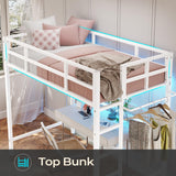 DICTAC Loft Bed Twin Size with Led Lights Heavy Duty Metal Junior Twin Loft Bed Frame with Full-Length Guardrail and Ladder, Noise-Free, Space-Saving, No Box Spring Needed, White DICTAC