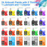 FOODHOO Airbrush Paint 24 Colors, Water Based Airbrushing Paint, Acrylic Paints for Airbrush with 2 Thinner, 1 Lubricant and 1 Cleaner, Bright Air Brush Paint for Metal, Models, Canvas, Wood, 30ml FOODHOO