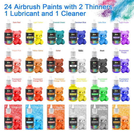 FOODHOO Airbrush Paint 24 Colors, Water Based Airbrushing Paint, Acrylic Paints for Airbrush with 2 Thinner, 1 Lubricant and 1 Cleaner, Bright Air Brush Paint for Metal, Models, Canvas, Wood, 30ml FOODHOO