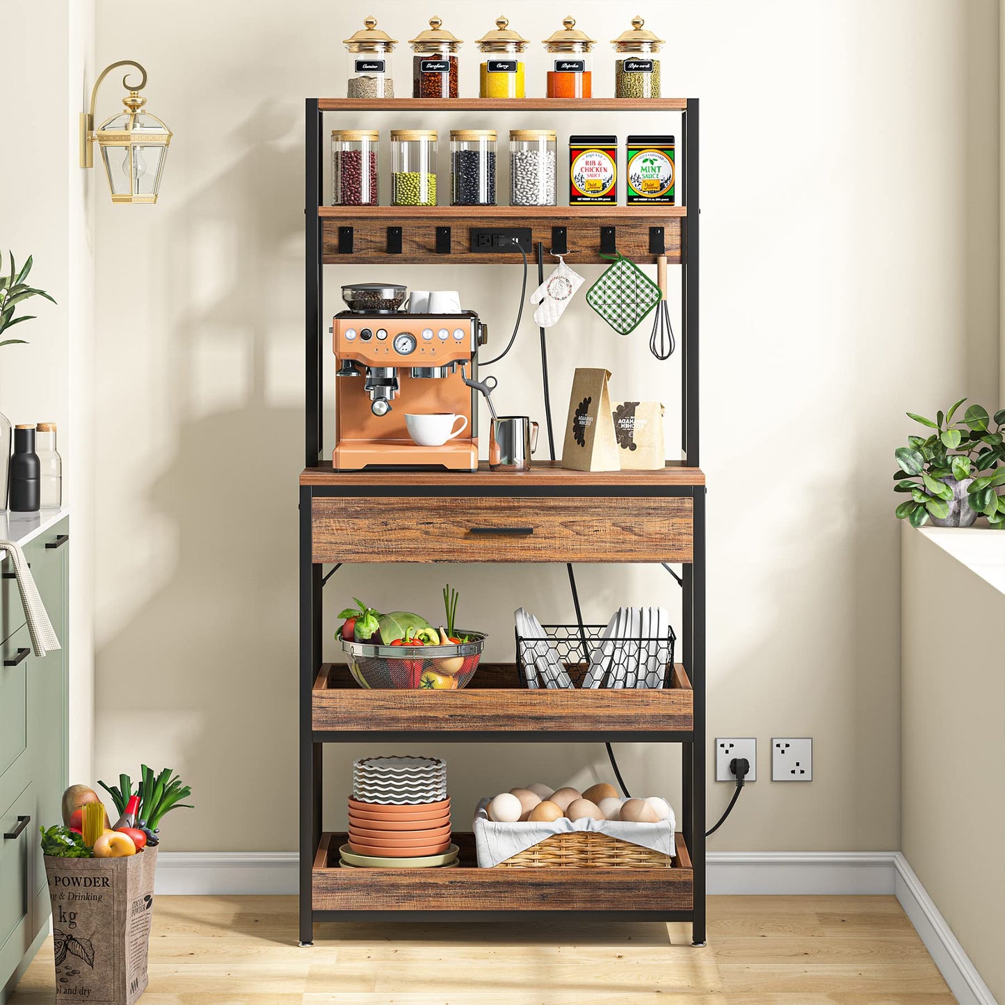 Tribesigns Rustic Brown 5-Tier Kitchen Bakers Rack with Power Outlets and Drawers - WoodArtSupply