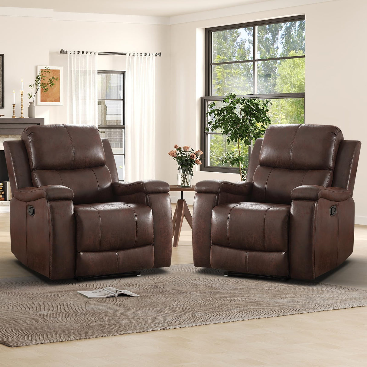 IOMOR Leather Recliner Chair, Manual Recliner Chair for Adults with Overstuffed Arms and Back, Single Sofa Recliner with Cup Holders for Living Room Set of 2, Red Brown IOMOR