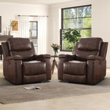 IOMOR Leather Recliner Chair, Manual Recliner Chair for Adults with Overstuffed Arms and Back, Single Sofa Recliner with Cup Holders for Living Room Set of 2, Red Brown IOMOR