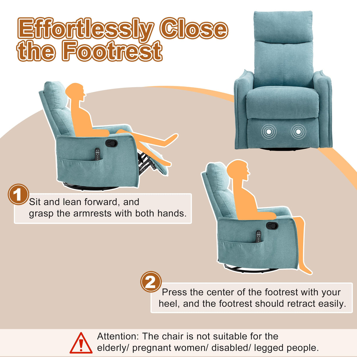 Massage Rocker Swivel Recliner Chair for Adults, Manual Recliner Glider with Lumbar Heating, Technical Flannel Fabric Nursery Glider Rocking Chair with Vibration Massage for Living Room - Green Blue EZZUP