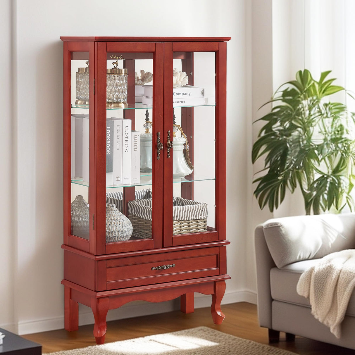 HIUU Cherry Curio Cabinets with Glass Doors,49.4’’H Curio Cabinet with Lights,Display Cabinet with Glass Doors and Adjustable Shelves,Wooden China Cabinet for Living Room HIUU