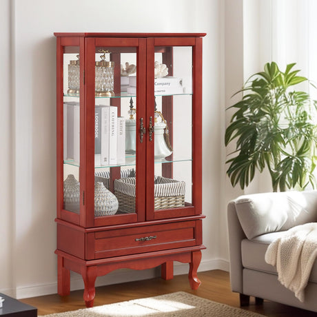 HIUU Cherry Curio Cabinets with Glass Doors,49.4’’H Curio Cabinet with Lights,Display Cabinet with Glass Doors and Adjustable Shelves,Wooden China Cabinet for Living Room HIUU