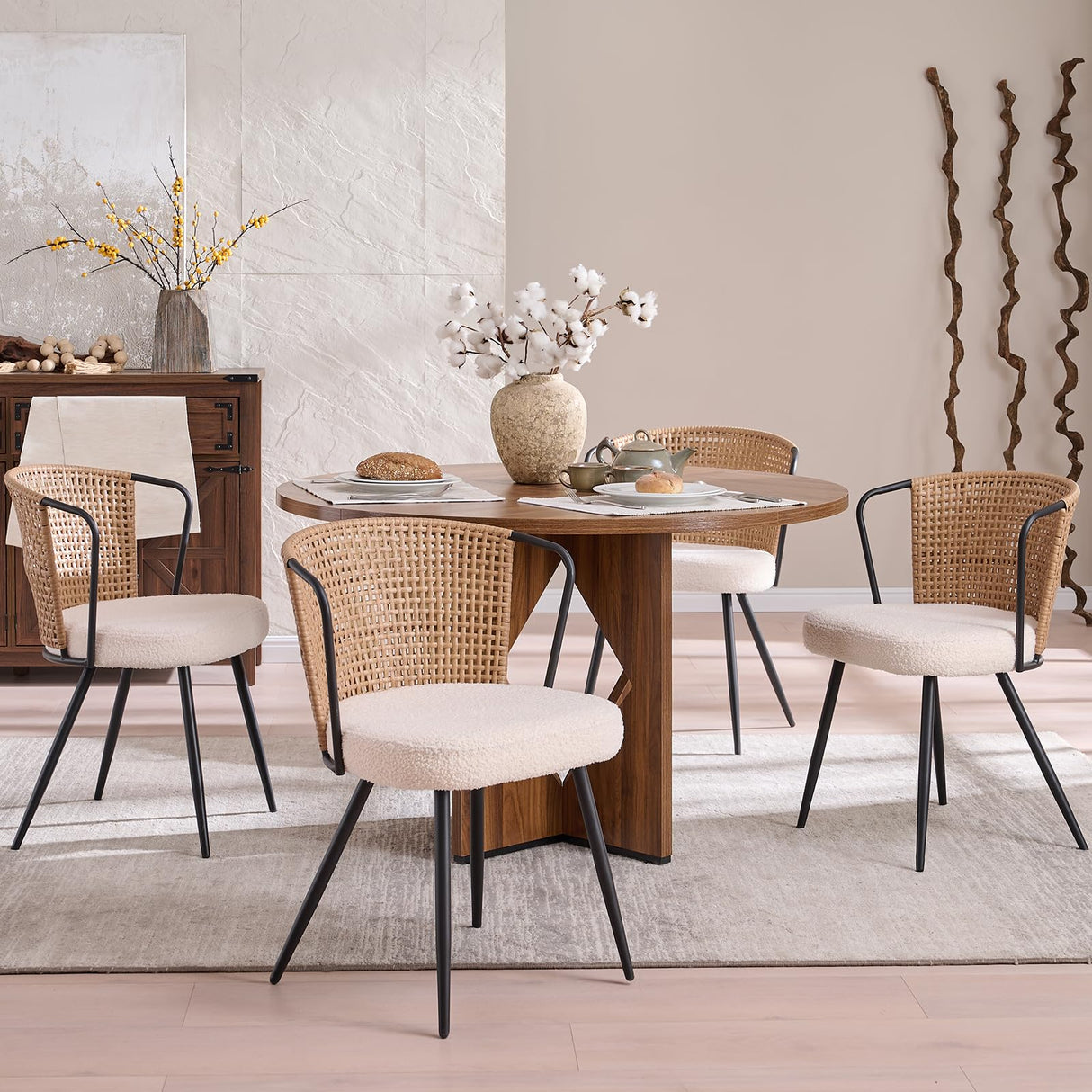 BedsPick Rattan Dining Chairs Set of 4 - Farmhouse Upholstered Cane Back Kitchen Chair with Boucle Cushion, Wingback Dining Room Seat with Metal Legs for Home, Kitchen (Brown) BedsPick