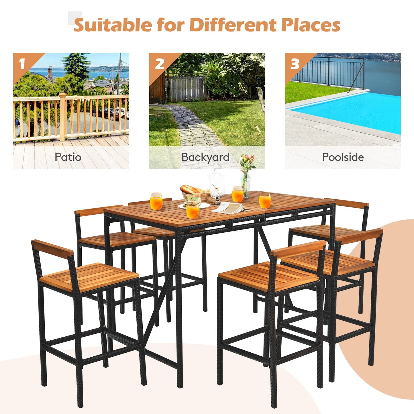 Tangkula 7-Piece Acacia Wood and Rattan Outdoor Bar Set with Umbrella Hole and Backrest Stools