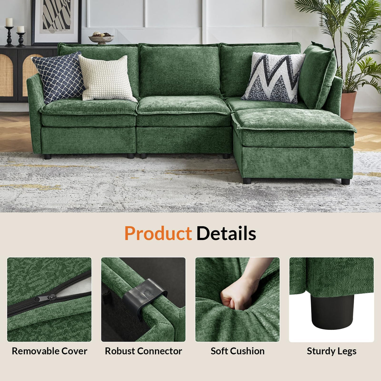 HULALA HOME 127'' Modular Sectional Sofa, Oversized U Shaped Couch with Storage Ottoman, Comfy Chenille Sofa with Deep Seat, 6 Seat Convertible Couches for Living Room, Green HULALA HOME