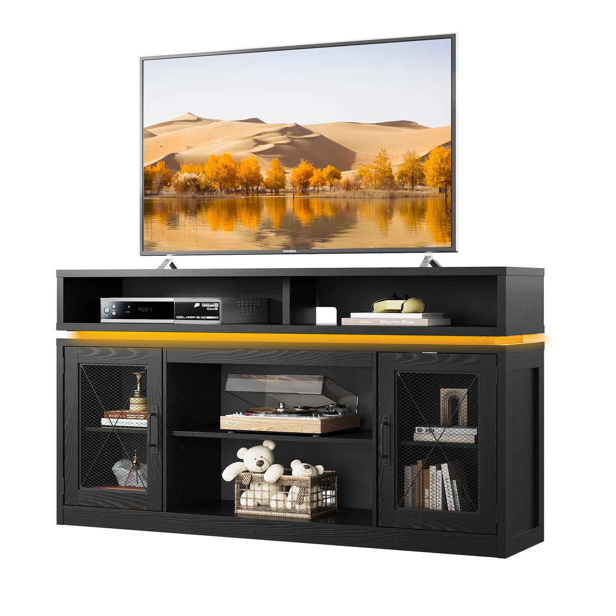 WLIVE TV Stand up to 65 Inch TV, 59" Entertainment Center with LED Lights, Farmhouse TV Media Console with Storage Cabinets, Adjustable Shelves for Living Room and Bedroom, Black WLIVE
