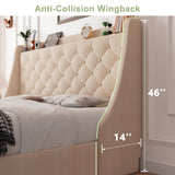 Feonase King Size Bed Frame with 4 Storage Drawers, Upholstered Storage Bed with Charging Station, Tufted Wingback Headboard, No Box Spring Needed, Beige Feonase