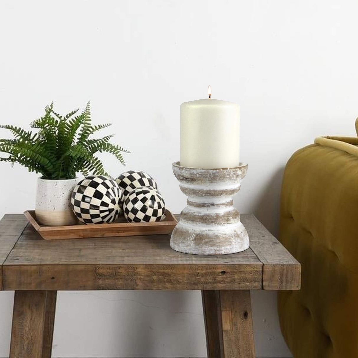 Stonebriar Antique White Wooden Pillar Candle Holder, Vintage Seaside Pillar Stand for Dining Table Centerpiece, Coffee Table, Mantel, Or Any Table Top, Small Stonebriar