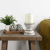 Stonebriar Antique White Wooden Pillar Candle Holder, Vintage Seaside Pillar Stand for Dining Table Centerpiece, Coffee Table, Mantel, Or Any Table Top, Small Stonebriar