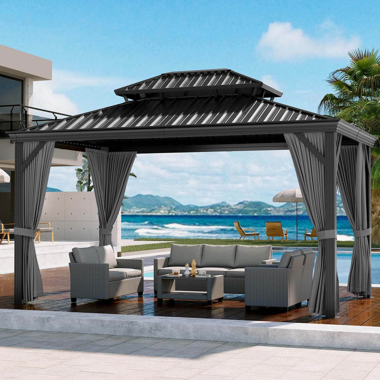 GAOMON 12x14ft Hardtop Gazebo, Heavy Duty Double Roof Outdoor Garden Galvanized w/Nettings Curtains Steel Combined of Horizontal Vertical Stripes Roof for Patio, Backyard, Deck, Lawns (Gray) GAOMON