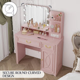 Lareth Makeup Vanity Desk with Lighted Mirror, 39.4 inch Small Vanity Table with Power Outlet, Bedroom Dressing Table, Adjustable Lights & 1 Cabinet 2 Drawers, Gifts for Teen Girls, Light Pink Lareth