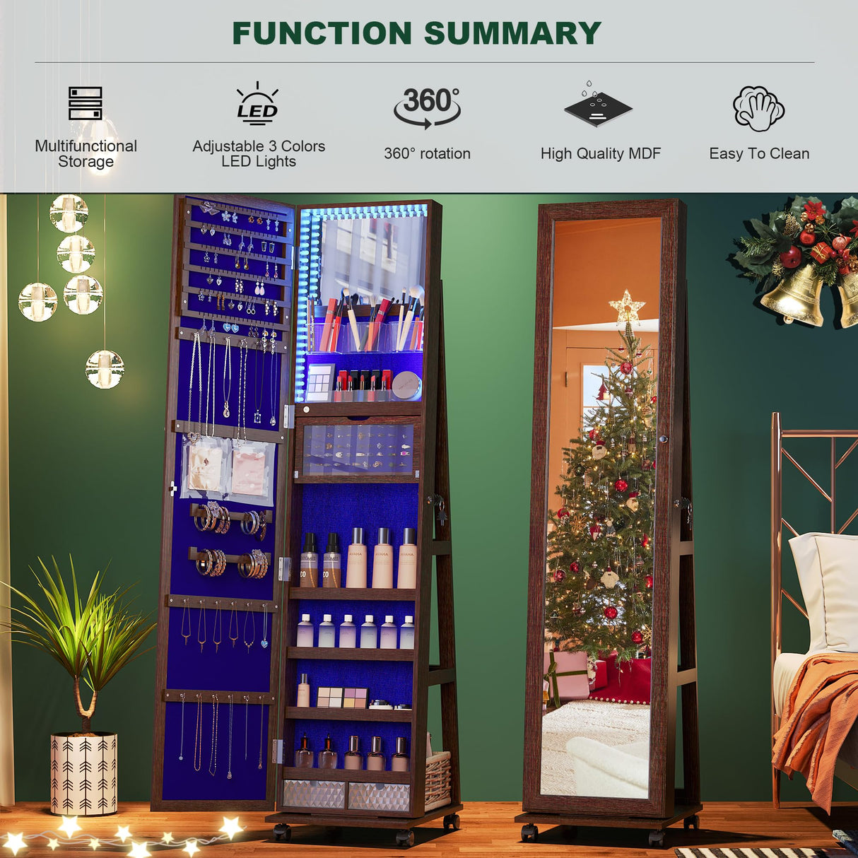 HNEBC 360° Rotating Jewelry Armoire with Lights, Lockable Mirror Jewelry Cabinet, Standing Full Length Mirror with Jewelry Storage, Large Jewelry Mirror Organizer, Wheels,Foldable Makeup Shelf (Brown) HNEBC