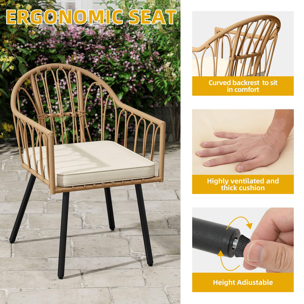 DWVO 5 Piece Patio Dining Sets, Outdoor Dining Furniture Set with 2" Umbrella Hole, Wicker Rattan Round Table and Chairs Set with Comfortable Cushions for Patio, Balcony, Backyard, Beige DWVO