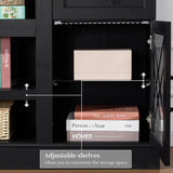 ENOUSHU 70 Inch Farmhouse TV Stand Table for 75 80 inch TV, Modern Entertainment Center with LED Lights and Glass Doors, Wooden Black TV Stands for Living Room ENOUSHU