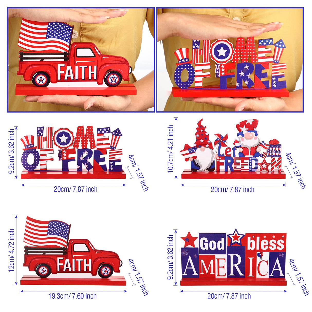 4 Pieces Patriotic Table Decoration 4th of July Wooden Table Centerpiece Independence Day Wood Letter Sign Home of Free God Bless America Table Decoration for Patriotic Party Memorial Day Home Decor Jetec