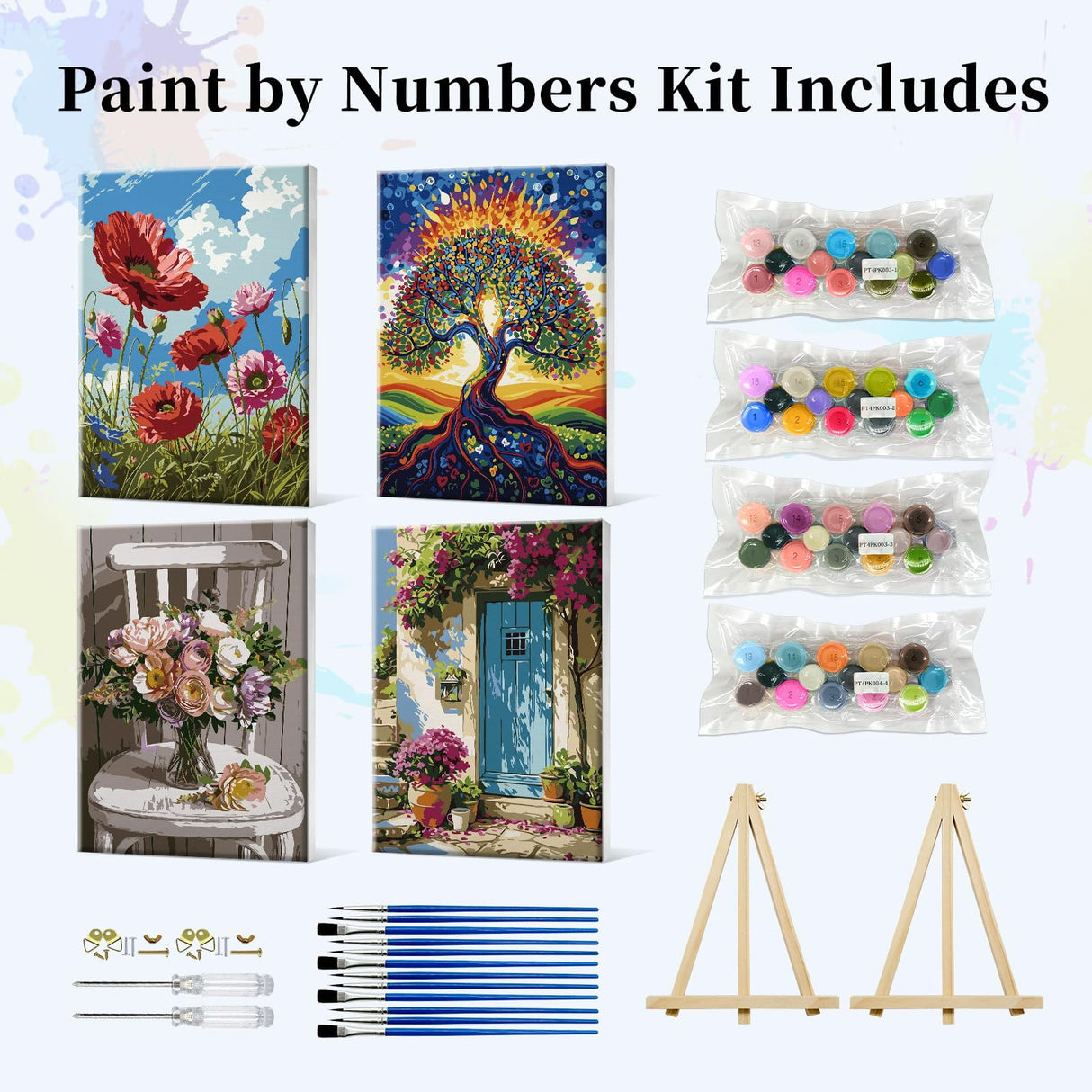 JOOZ 4 Pack Framed Paint by Numbers Kit for Adults, Flowers Paint by Number with Easel, DIY Tree of Life Adult Paint by Number Kits on Canvas Framed, Floral Oil Painting Kit for Home Decor 8x12 Inch JOOZ