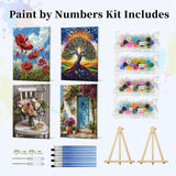 JOOZ 4 Pack Framed Paint by Numbers Kit for Adults, Flowers Paint by Number with Easel, DIY Tree of Life Adult Paint by Number Kits on Canvas Framed, Floral Oil Painting Kit for Home Decor 8x12 Inch JOOZ