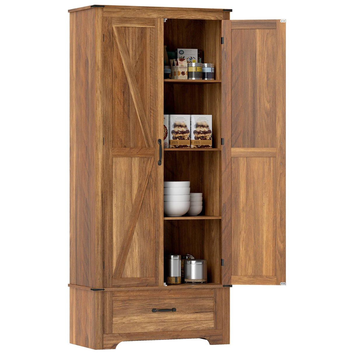 HOMCOM 72" Tall Farmhouse Kitchen Pantry Cabinet - Kitchen Storage Cabinet with Adjustable Shelves & 2 Barn Doors & Drawer, Versatile Storage Unit for Dining Room, Brown HOMCOM