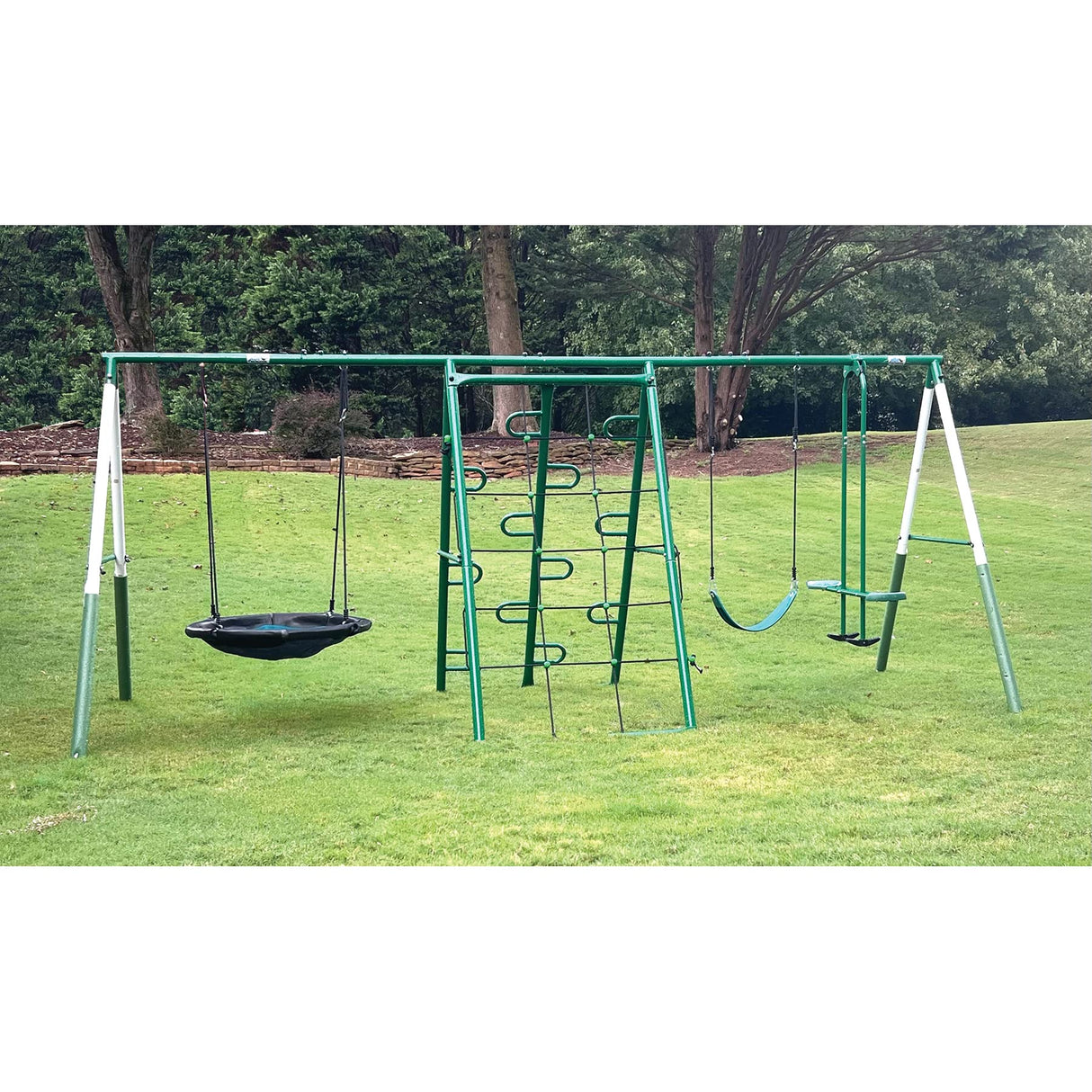 Swing, Climb and Glide Play Center. Backyard Playground Set. Easy Assembly, 7 User / 5 Station Metal Outdoor Play Set for Kids with Two Climbing Stations. 176" L x 69" Deep x 73" H, by XDP Recreation XDP RECREATION