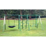 Swing, Climb and Glide Play Center. Backyard Playground Set. Easy Assembly, 7 User / 5 Station Metal Outdoor Play Set for Kids with Two Climbing Stations. 176" L x 69" Deep x 73" H, by XDP Recreation XDP RECREATION