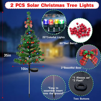 2PCS Solar Christmas Tree Lights Decorations Outdoor, Xmas Tree Solar Powered Christmas Yard Stake Waterproof With LED Lights, Red Berries, Red Bow, Suitable for Christmas Decoration Garden Patio Yard