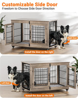 Dog Crate Furniture with Cushion, Large Wooden Dog Kennel Indoor with Double Doors, Dog Cage with Wheels, Dog House Side End Table for Large Medium Dogs up to 70 lb, 38.5” L, Grey YaFiti