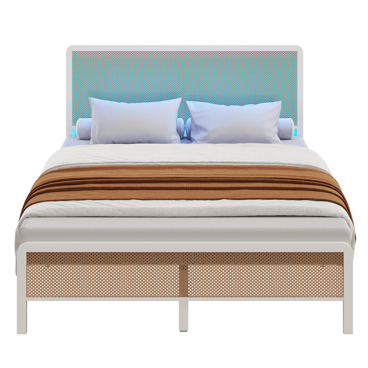 GarveeHome Full Size White Rattan Bed Frame with LED Lights, Bed Frames with Rattan Headboard, Metal Rattan Platform with Under-Bed Storage, No Box Spring Needed, Noise Free GarveeHome