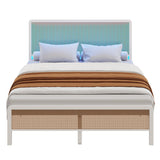 GarveeHome Full Size White Rattan Bed Frame with LED Lights, Bed Frames with Rattan Headboard, Metal Rattan Platform with Under-Bed Storage, No Box Spring Needed, Noise Free GarveeHome