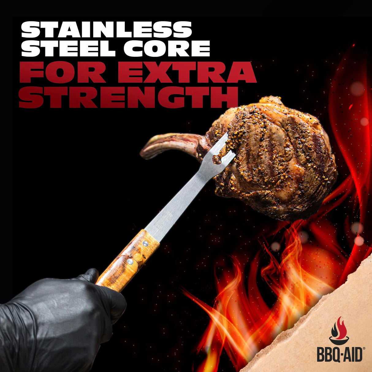 BBQ-AID 3 Piece Grill Set BBQ Accessories - Kitchen Tongs, Metal Spatula & Fork Utensils - Heavy Duty Stainless Steel Barbecue Grill Utensils for Outdoor Grill with Solid Sturdy Wood Handles BBQ-Aid