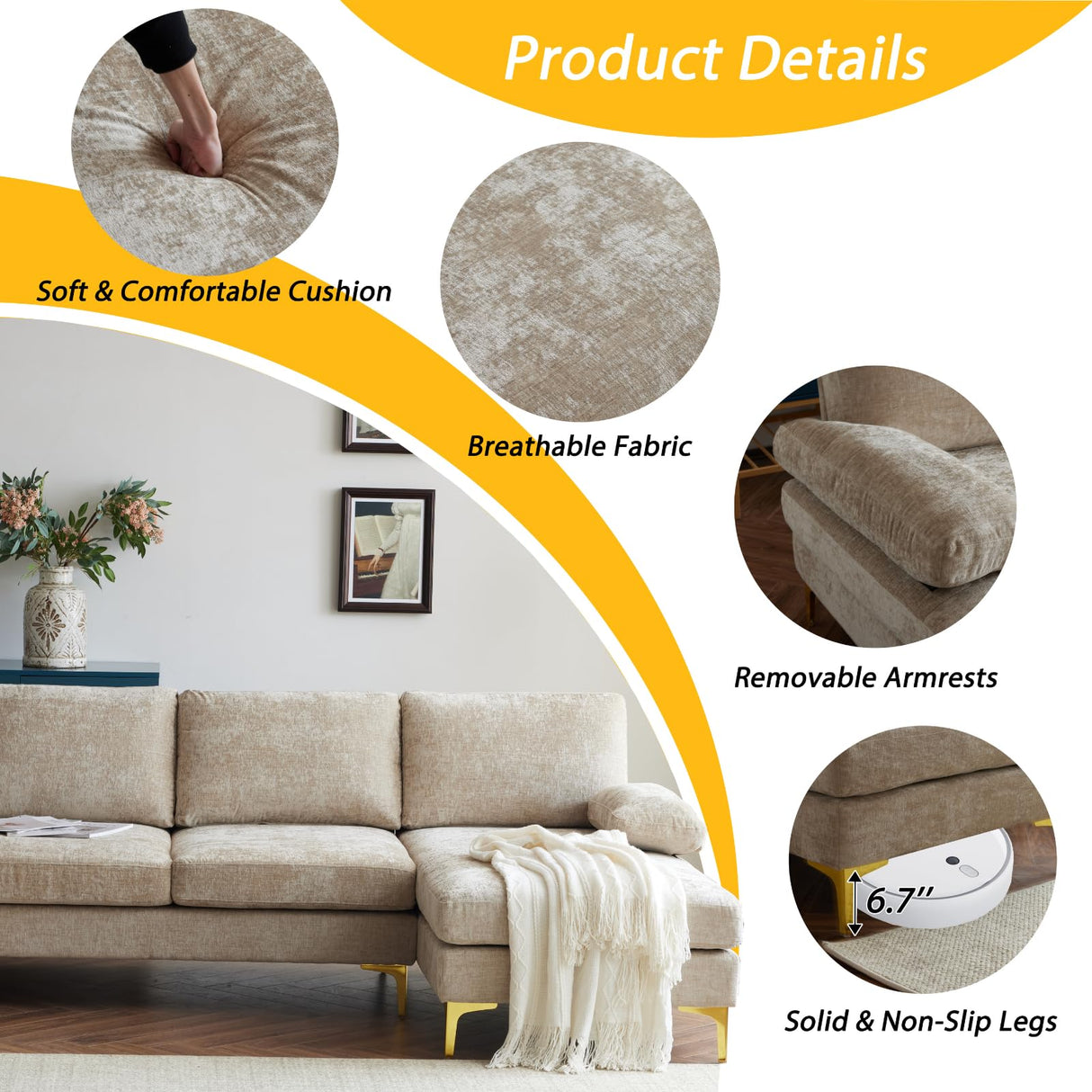 Karl home Convertible Sectional Sofa 110" U-Shape Sofa Couch 4-Seat Couch with Chaise ChenilleFabric Upholstered for Living Room, Apartment, Office, Camel Karl home