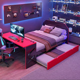 Hennhari Full Size Bed with Twin Trundle and Charging Station, Gaming Flair Wood Bed Frame with Desk and USB Charging for Bedroom or Study Rooms, No Box Spring Needed (Red) Hennhari