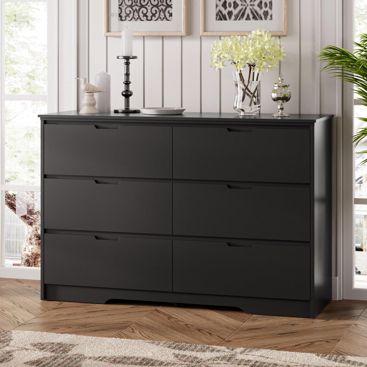 6 Drawers Black Dresser for Bedroom, Wood Large Double Dresser with Hidden Handles, Modern Dressers & Chests of Deep Drawers for Hallyway, Entryway Tradare