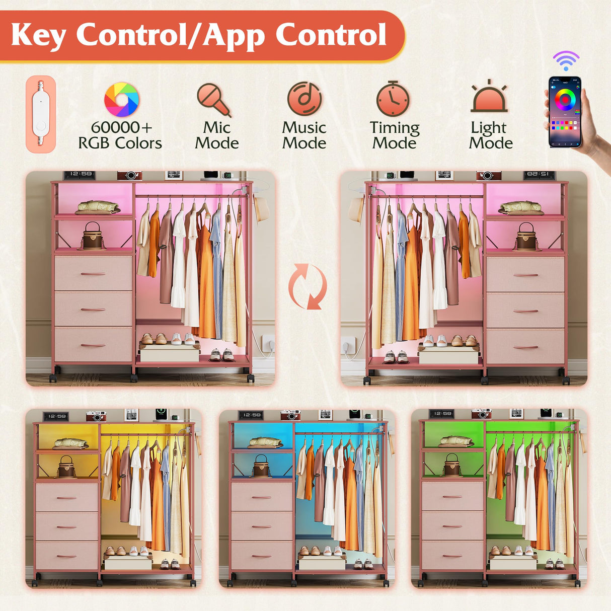 WLIVE Dresser for Bedroom with Clothes Rack, 3 Drawer Dresser with LED Lights & Charging Station, Fabric Dressers & Chest of Drawers, Storage Organizer with Open Shelves for Closet, Living Room, Pink WLIVE