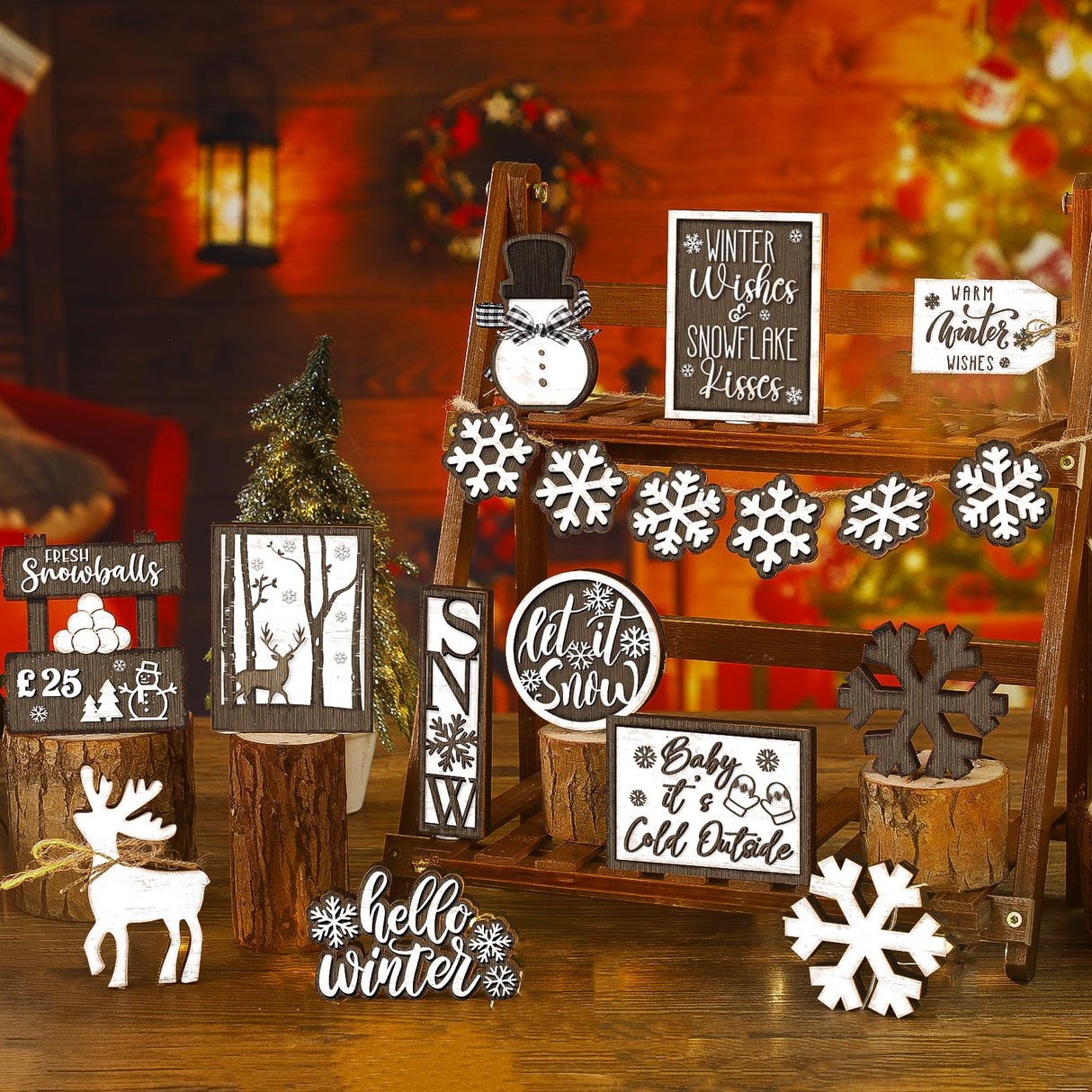 17 Pcs Chiristmas Tiered Tray Decor Winter Snowman Tiered Decorations Set Snowflake Reindeer Table Centerpieces Decor Winter Wooden Signs Table Decoration Without Tray for Farmhouse Party Funnymoom