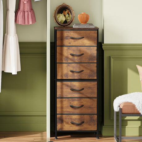 WLIVE Tall Dresser for Bedroom, 6 Drawer Dressers & Chests of Drawers, Fabric Dresser for Closet, Night Stand with Metal Frame, Storage Tower with Fabric Bins, Wood Top, Rustic Brown Wood Grain Print WLIVE