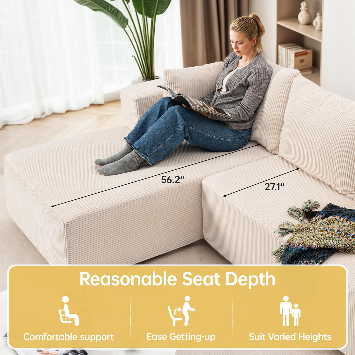 Modular Sectional Sofa, Cloud Sectional Couch with L-Shape Chaise, Modular Sofa with Deep Seat, Upholstered Couches Boneless Sofa for Living Room, White(Left Facing Chaise) Airynee