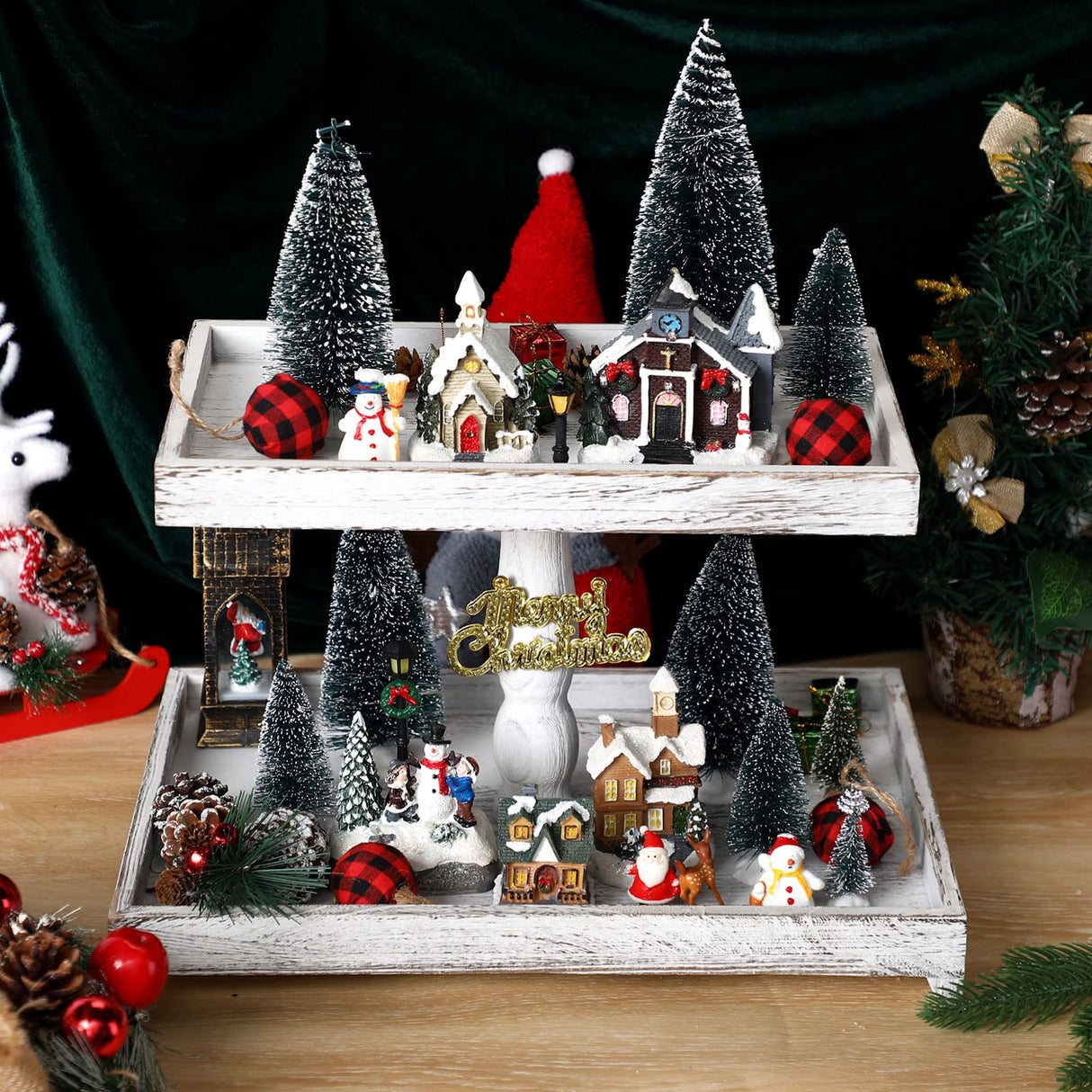 Farmhouse Tiered Tray Stand Wooden Rustic 2 Tier Tray Stand Rectangular Tray Serving Two Tiered Tray Stand for House Kitchen Cake (White) Yalikop