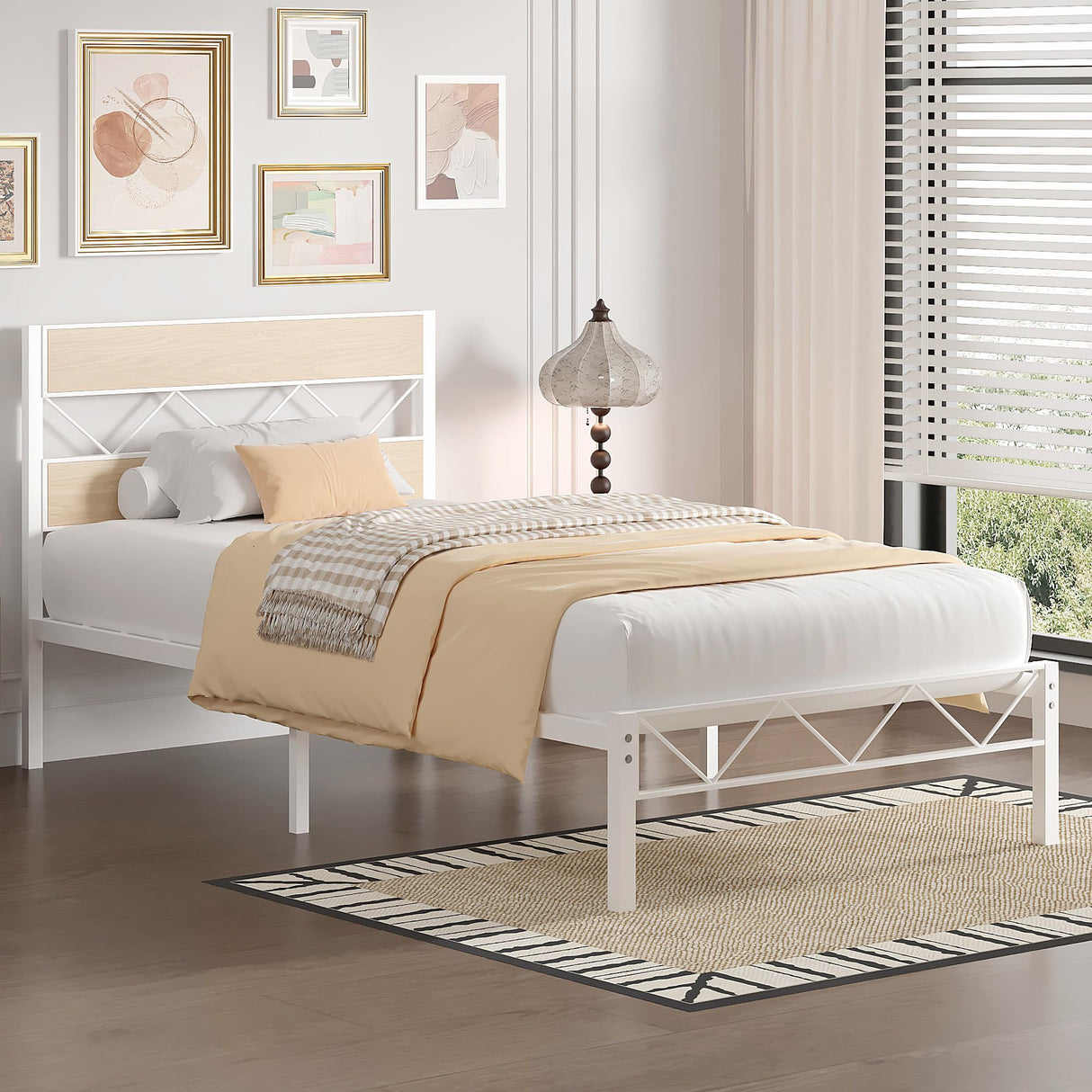 VECELO Twin Size Bed Frame with Headboard, Heavy-Duty Platform Bedframe with Metal Slats Support, No Box Spring Needed, Easy Assembly, White & Natural VECELO