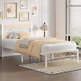 VECELO Twin Size Bed Frame with Headboard, Heavy-Duty Platform Bedframe with Metal Slats Support, No Box Spring Needed, Easy Assembly, White & Natural VECELO